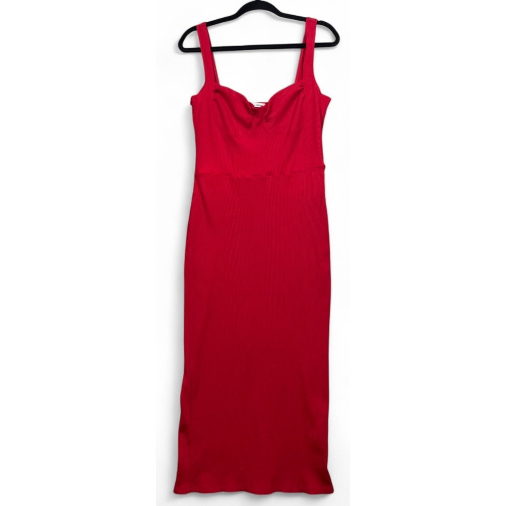 Reformation Adrian Dress Womens XL Cherry Red Ribbed Knit Sweetheart Midi